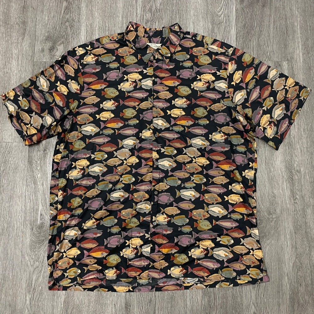 Tori Richard Shirt Mens 3XT Black Fish Print Hawaiian Cuban Bowling Rockabilly